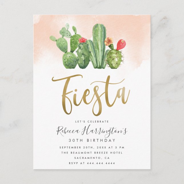 Trendig  vattenfärg & Cactus Fiesta Birthday Inbjudan Vykort (Framsida)