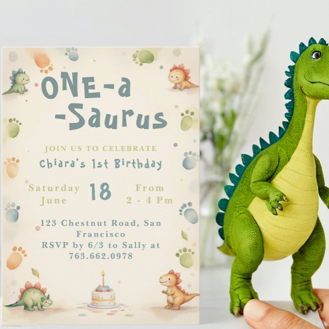 Trendig Vattenfärg One-a-Saurus första födelsedag Inbjudningar (Skapare uppladdad)