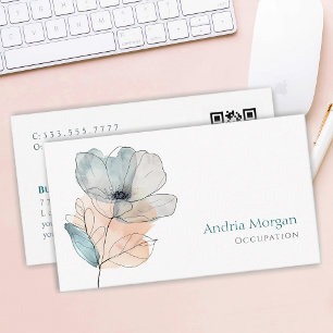 Trendig Vattenfärgsblomma, Namn & QR-kod, vit Visitkort