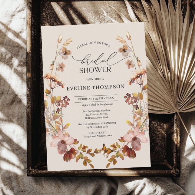 Trendig vattenfärgsblommor, höst inbjudningar (Trendy watercolor wildflowers wreath autumn invitation)