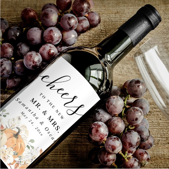 Trendig Vattenfärgsblommor och pumpor höst Vinflaska Etikett (Skapare uppladdad)