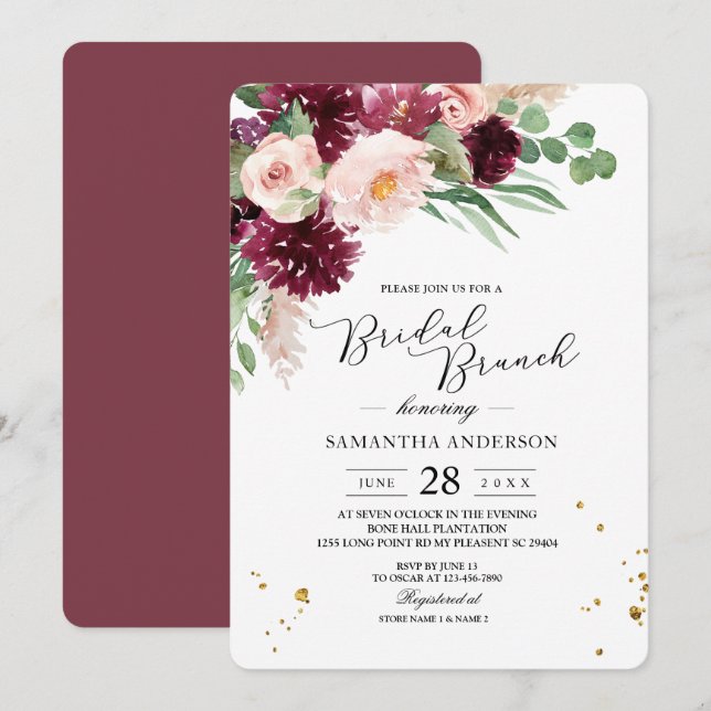 Trendig Vattenfärgsburgundy Blommigt för  Rosa  Inbjudningar (Fram/baksida)