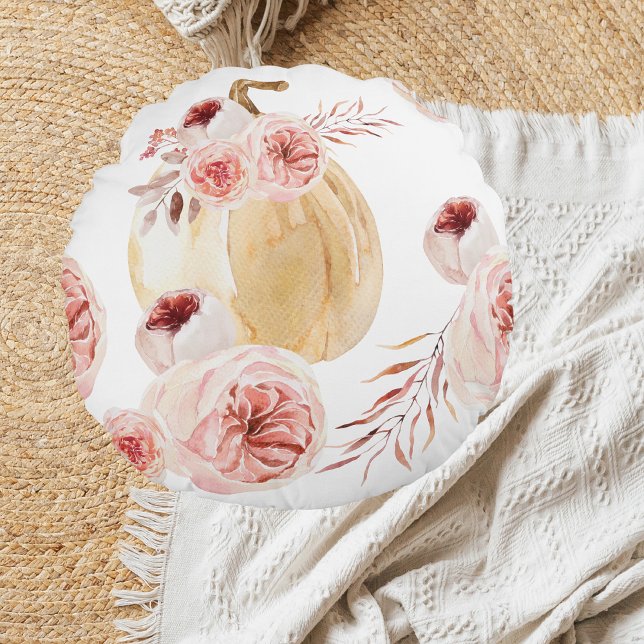 Trendig Vattenfärgspumpkin & Flowers | Höstfälla Rund Kudde (Skapare uppladdad)