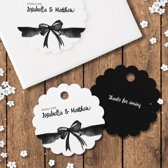 Trendig Vattenfärgsruta Bow Classic Tack Bröllop Gåvor Etiketter (Elegant white black bow trendy bow for wedding favor guest gift modern stylish ceremony guest name)