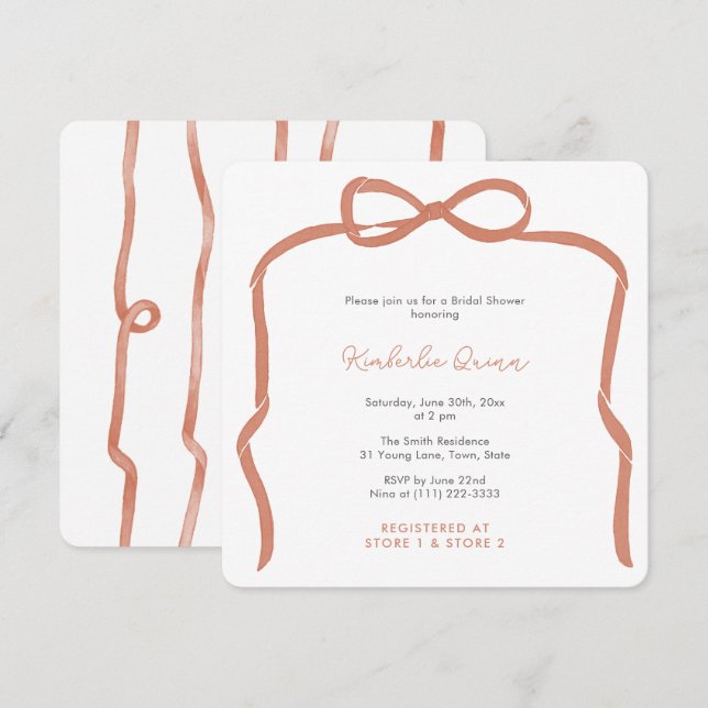 Trendig Verona Orange Ribbon Bow Möhippa Inbjudningar (Fram/baksida)