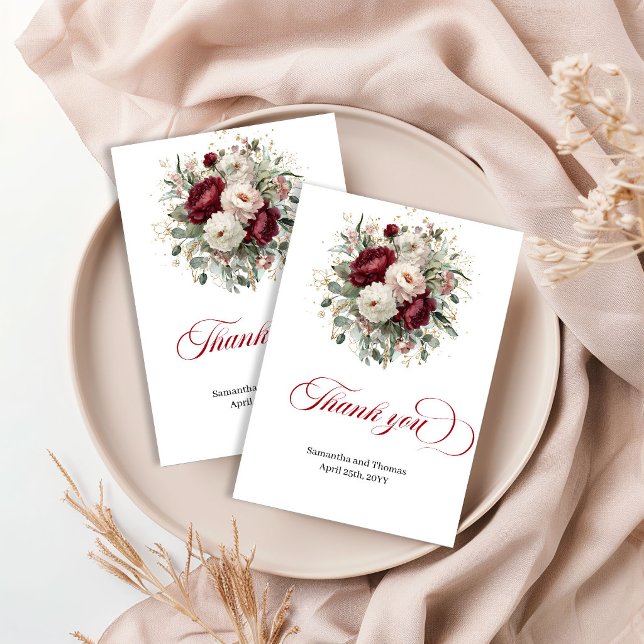 Trendig vinröd blomstergrönska tackkort tack kort (Trendy Burgundy Floral Greenery Thank You Card)