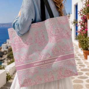 Trendig vintage blå rosa toile de jouy tryckt axelväska