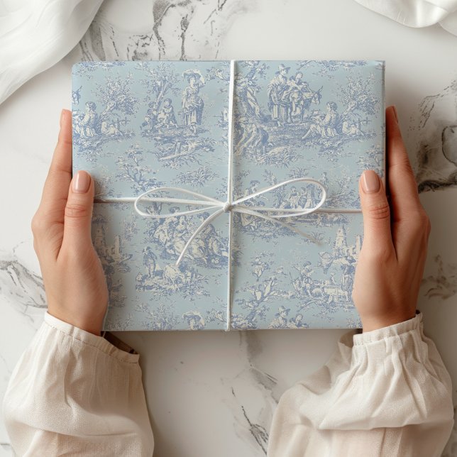 Trendig vintage blågrå Toile de Jouy landsbygd Presentpapper (Skapare uppladdad)