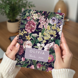 Trendig Vintage Rosa Svart Blommig Monogram Anteckningsbok