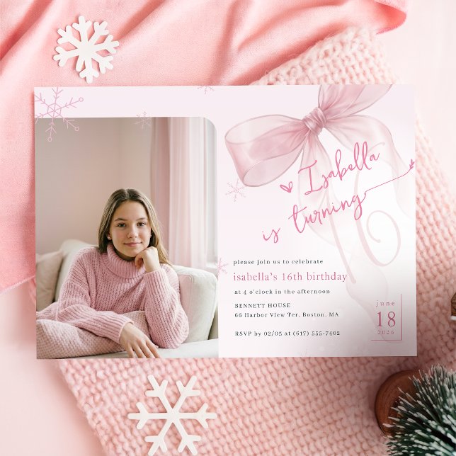 Trendig vinter rosa rosett flicka foto 16-årsdag inbjudningar (Skapare uppladdad)