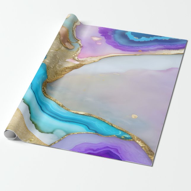 Trendig Violett Blå Guld Marmor Granit Sten Presentpapper (Utrullad)