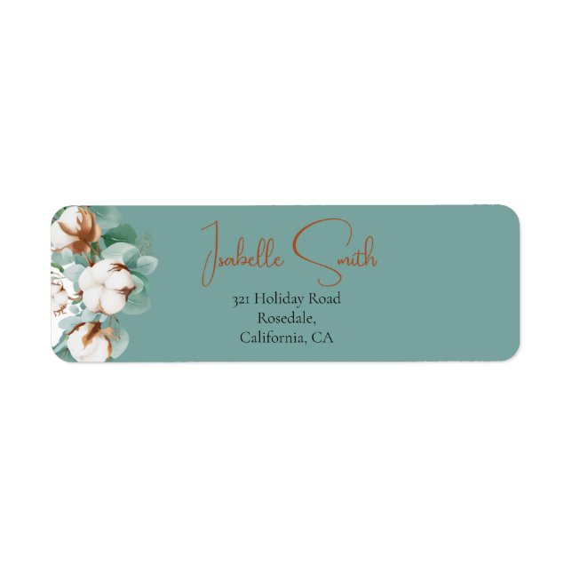 Trendig vit bomull blomsterbukett teal returadress etikett (Framsidan)