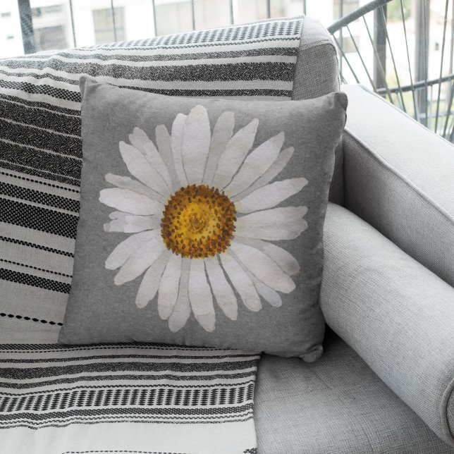 Trendig Vit Daisy Vattenfärgning Grått Grått Kudde (Skapare uppladdad)