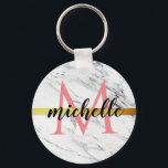 trendig, vit marmor, monogram nyckelring<br><div class="desc">trendigets marmordesign med guld och vit färg med personlig namn.</div>