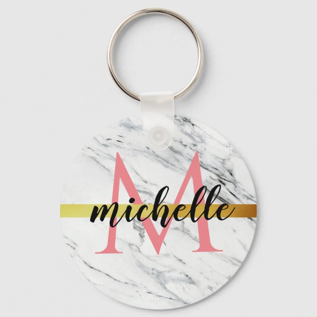 trendig, vit marmor, monogram nyckelring (Framsida)