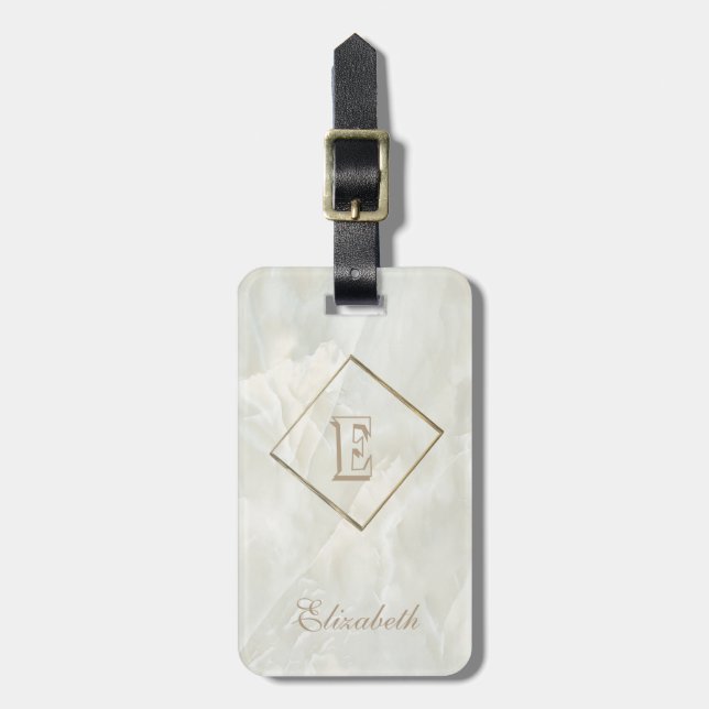Trendig vit marmorerad textur, monogram-personlig bagagebricka (Vertikal Framsida)