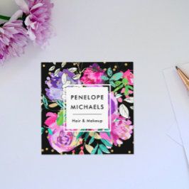 Trendig Watercolor Blommigt Bouquet on Black Fyrkantigt Visitkort