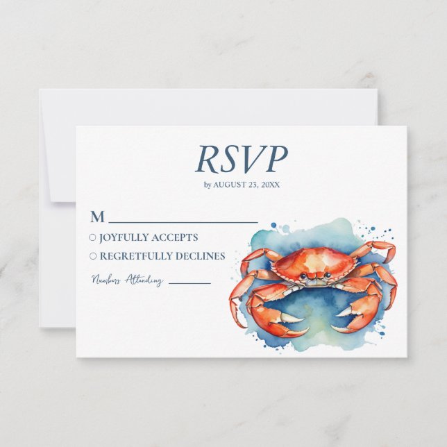 Trendig Watercolor Crab Nautical Beach Wedding OSA Kort (Framsida)