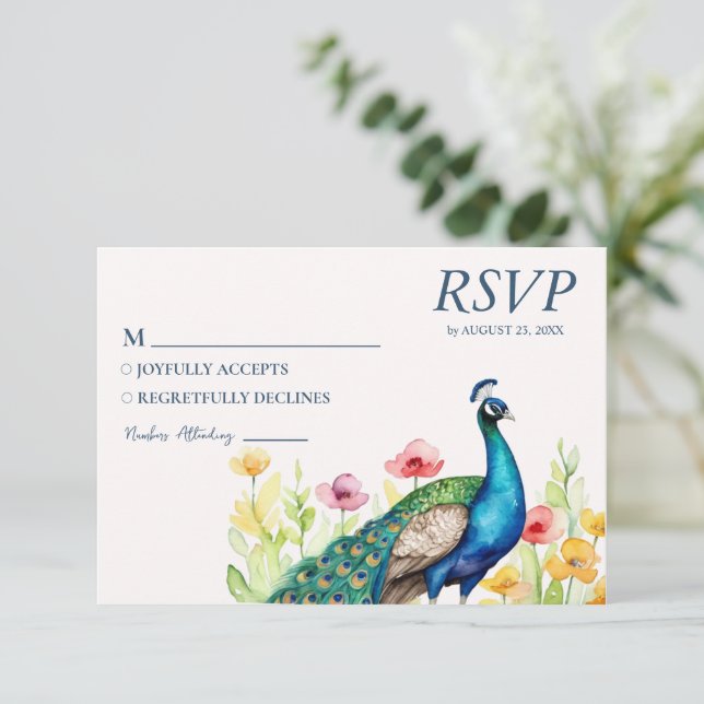Trendig Watercolor Peacock Flowers OSA Kort (Stående Fram)