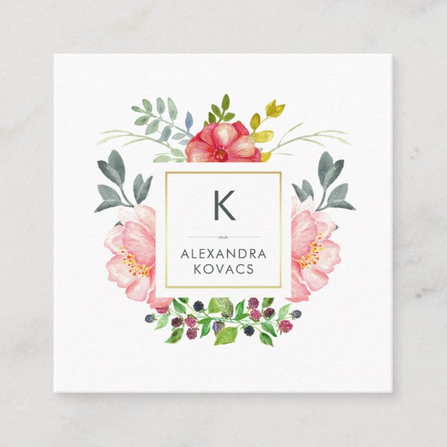 Trendig Watercolor Peony Flowers Monogram Fyrkantigt Visitkort (Framsida)
