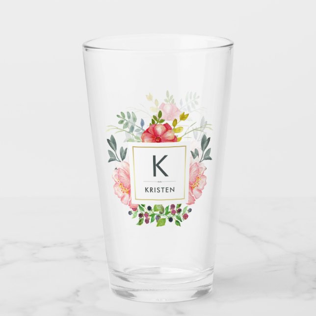 Trendig Watercolor Peony Flowers | Monogram Glaskopp (Framsida)