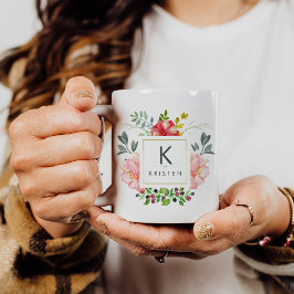 Trendig Watercolor Peony Flowers Monogram Mugg