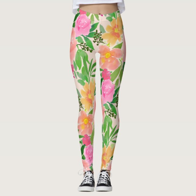 Trendig Watercolor Rosa Flowers Leggings (Framsida)