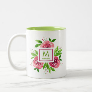 Trendig Watercolor Shock rosa Ro & Lime Monogram Två-Tonad Mugg