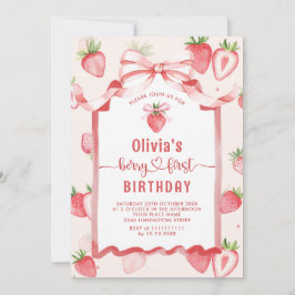 Trendig Watercolor Strawberry Baby första födelsed Inbjudningar