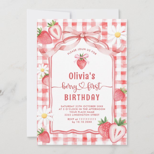 Trendig Watercolor Strawberry Baby första födelsed Inbjudningar (Framsida)
