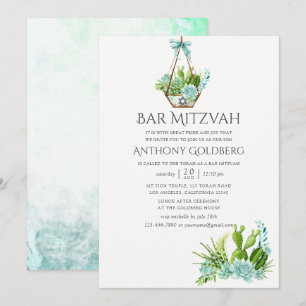 Trendig Watercolor Succulents Pub Mitzvah Inbjudningar