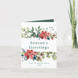 Trendig Watercolor Winter Greenery with Red Flower Helgkort