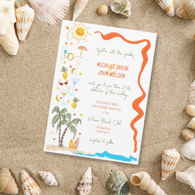 Trendig Whimsical Doodle Hand plockade Beach Weddi Inbjudningar (beach doodle wedding hand drawn invitation)