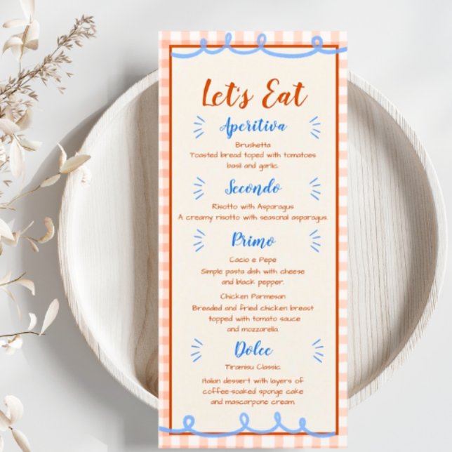 Trendig Whimsical Hand plockade Blue Orange Meny (That's Amore! Menu. Trendy Hand Drawn. Perfect for Wedding, Bridal Shower and Engagement Party.)