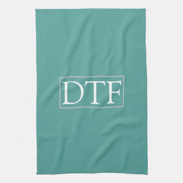 Trendig White DIY Monogram/Namn LtGrey Gräns, Teal Kökshandduk (Vertikal)