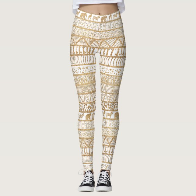 Trendig White Guld stammen African Mönster Leggings (Framsida)