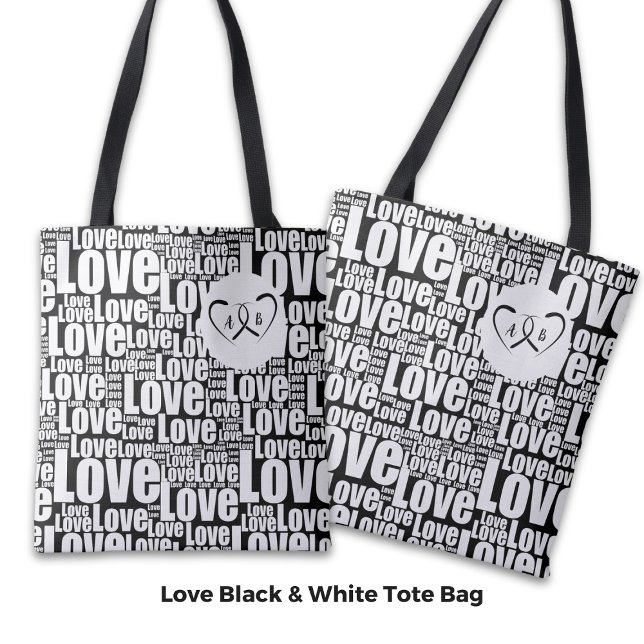 Trendig White Kärlek Typography & Entwted Hearts Tygkasse (Trendy White Love Typography & Entwined Hearts Tote Bag)