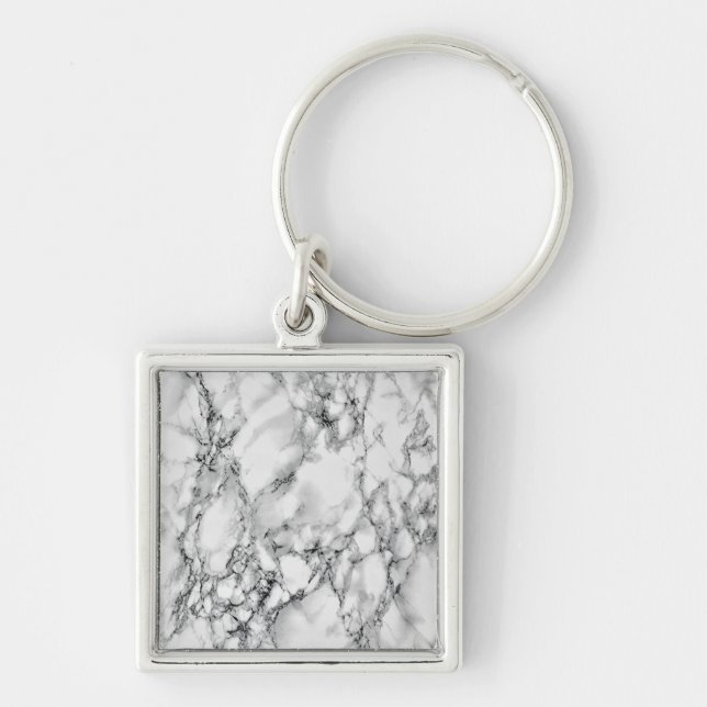 Trendig White Marble Stone Fyrkantig Silverfärgad Nyckelring (Framsidan)