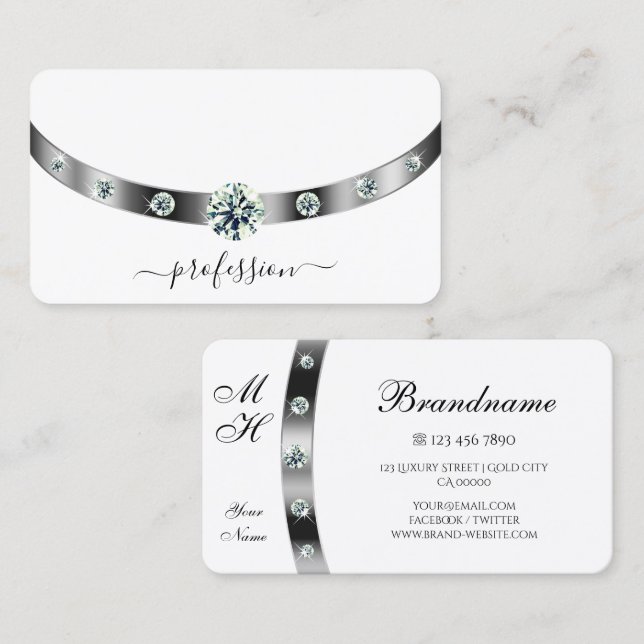 Trendig White och Silver med diamanter monogrammad Visitkort (Fram/baksida)