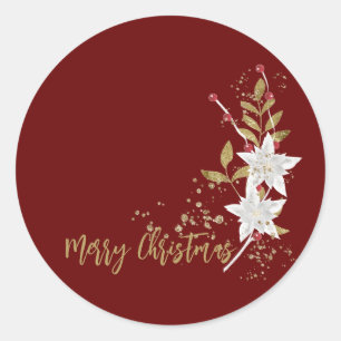 Trendig White Poinsettia Burgundy Guld Glitter Gif Runt Klistermärke