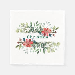 Trendig Winter Grönt Löv med Red Flowers Pappersservett