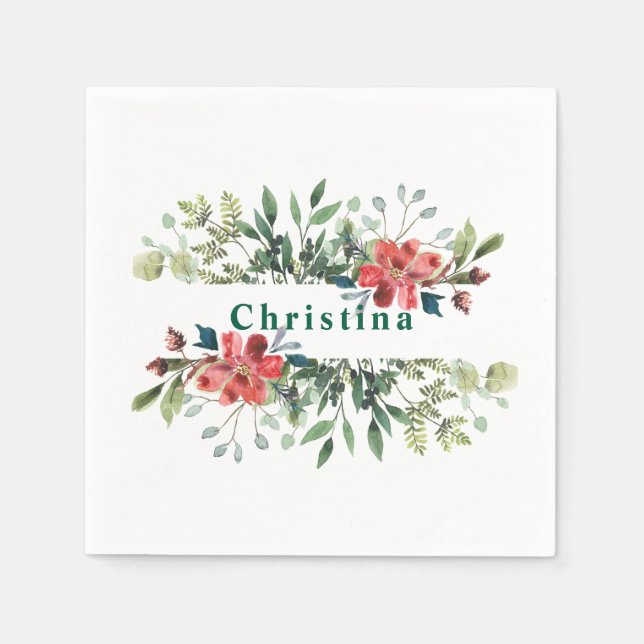 Trendig Winter Grönt Löv med Red Flowers Pappersservett (Framsidan)
