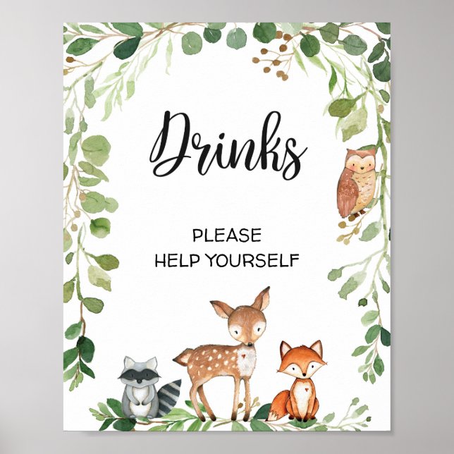 Trendig Woodland Modern Drinks Baby Shower-skylt Poster (Framsidan)