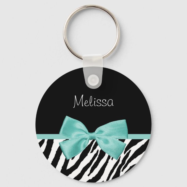 Trendig Zebra tryck Aqua Mint Ribbon med Namn Nyckelring (Framsida)
