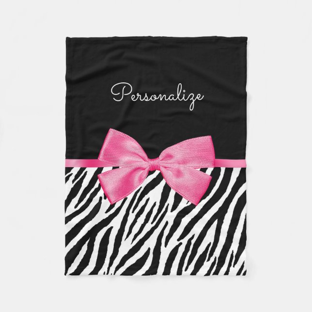 Trendig Zebra tryck Chic Shock rosa Bow och Namn Fleecefilt (Framsidan)