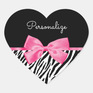 Trendig Zebra tryck Chic Shock rosa Bow och Namn Hjärtformat Klistermärke