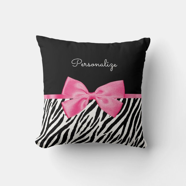 Trendig Zebra tryck Chic Shock rosa Bow och Namn Kudde (Framsida)