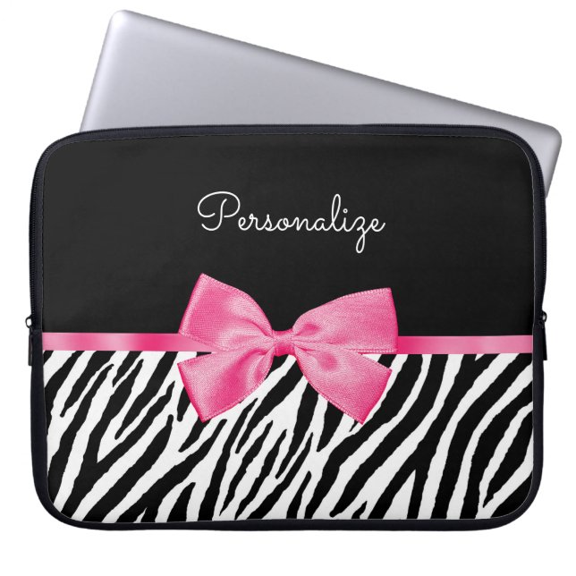 Trendig Zebra tryck Chic Shock rosa Bow och Namn Laptop Fodral (Framsidan)