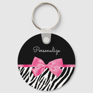 Trendig Zebra tryck Chic Shock rosa Bow och Namn Nyckelring