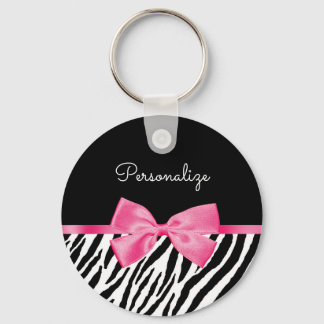 Trendig Zebra tryck Chic Shock rosa Bow och Namn Nyckelring